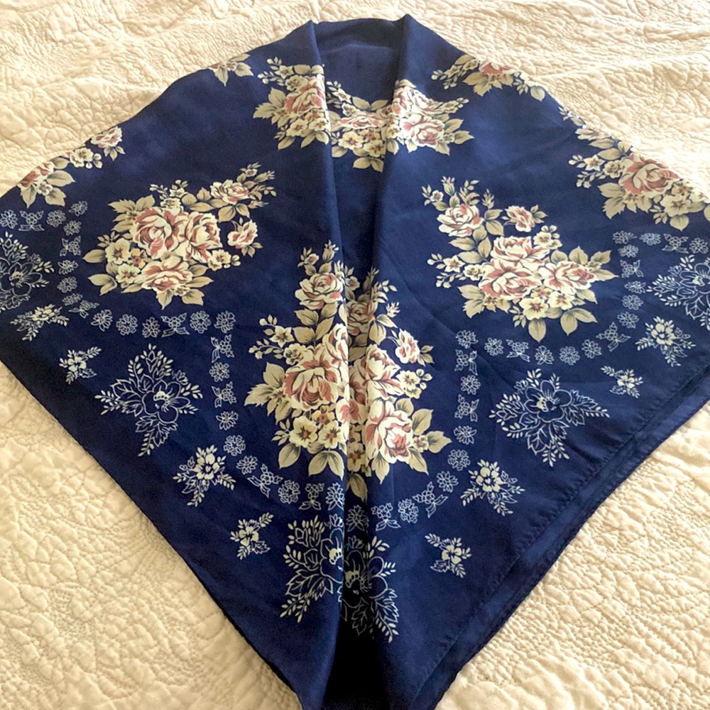 LAST CALL - Navy, rose scarf with neutral cream.  34” square